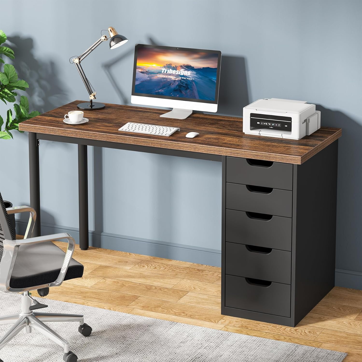 Tribesigns Computer Desk with 5 Drawers, 47 inches Rustic Brown Home Office Desk with Storage