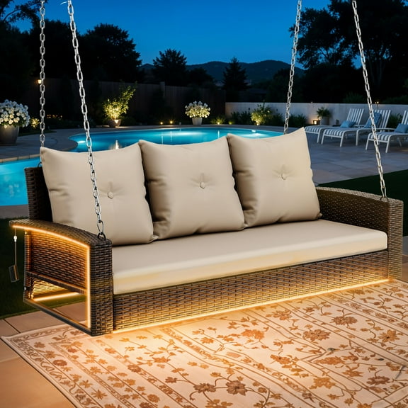 Craftian 3-Seat Outdoor Wicker Porch Swing with LED Lights & Brown Cushions, Patio Hanging Chair