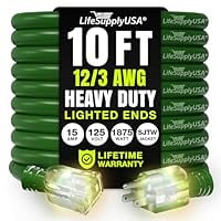 10ft Outdoor/Indoor Extension Cord 12/3 Gauge Extra Heavy Duty 3 Prong SJTW, Waterproof, Flexible Cold-Resistant Long Power Cord,125 Amp 1875W, Green by LifeSupplyUSA