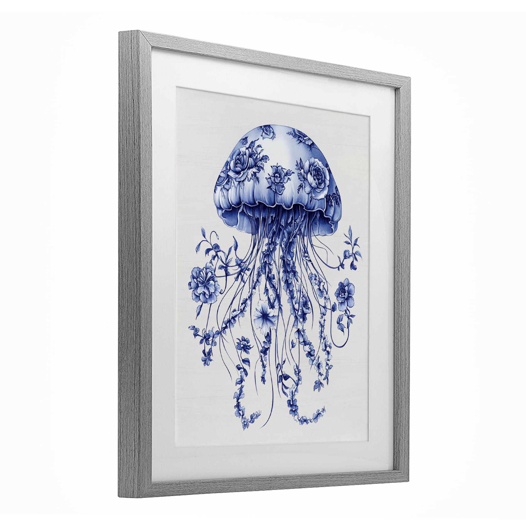 Funky Vintage Toile Jellyfish Gray Framed Print Under Glass, design by Lettered and Lined