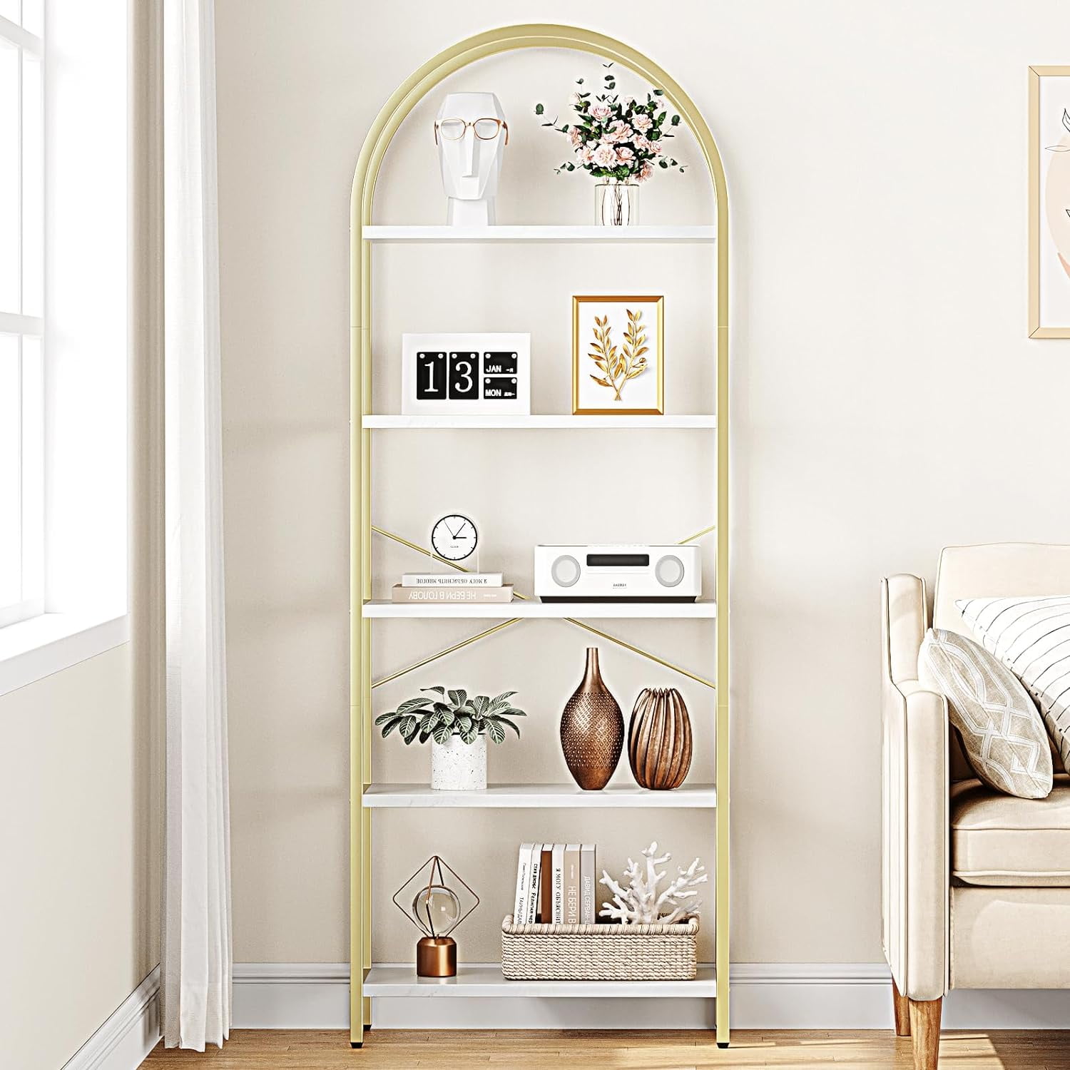IdealHouse Arched 5-Tier Bookshelf, Modern Bookcase with Gold Metal Frame, Tall Wood Storage Shelf for Living Room, Bedroom, Home Office, Easy Assembly, White