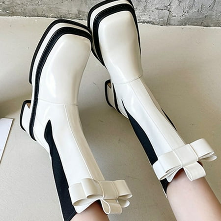 

Women Boots Winter Bow Thick Soles With High Heels Square Toe Middle Boots