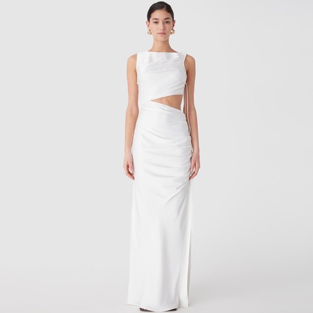 Vestido Midi recto a medida para mujer, traje de satén blanco con horquilla lateral, cuello redondo, para fiesta de boda, 2024