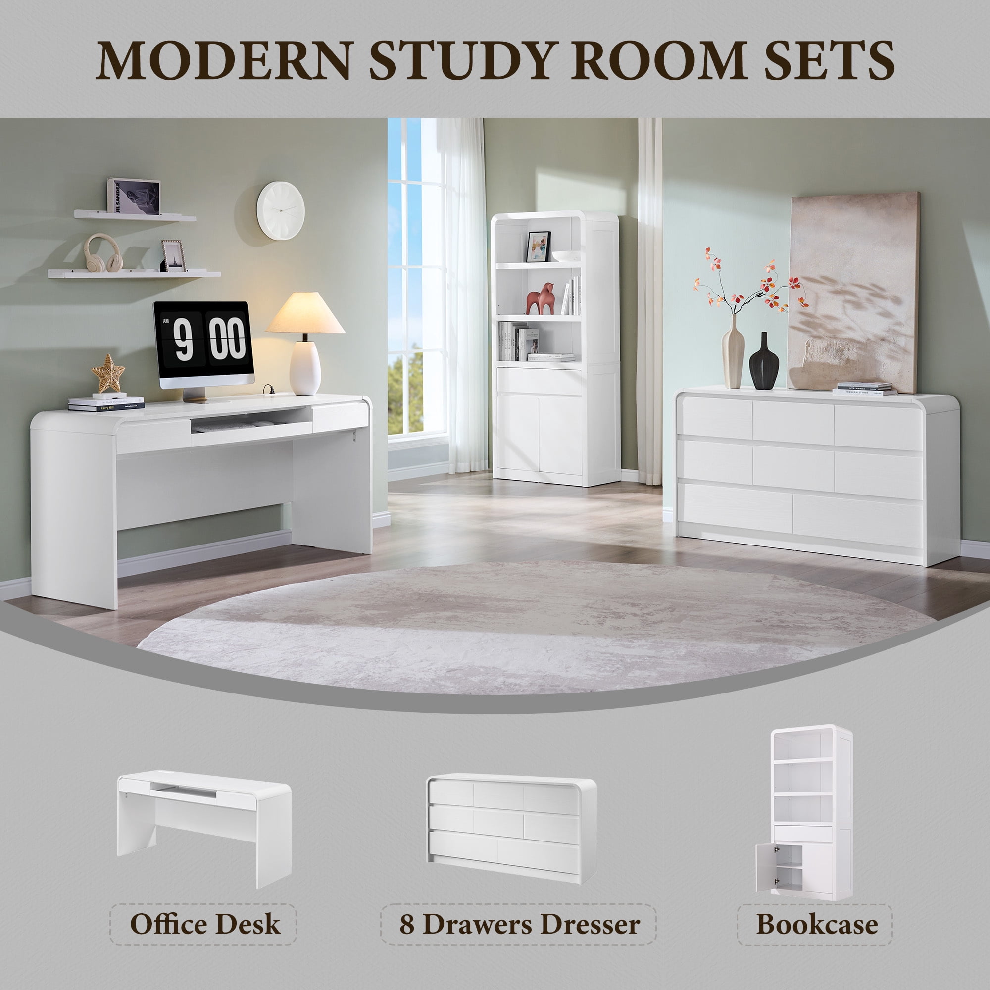 wow97e Modern Computer Desk with Storage Drawers, 57'' Large Executive Office Desk with Charging Station & Keyboard Tray for Home Office