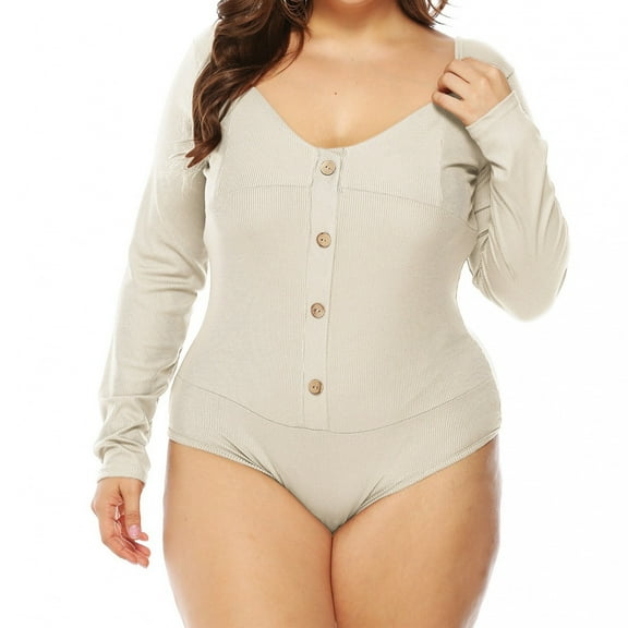 AONYIYI Plus Size Bodysuit,sexiness Button Bodysuit,Deep U Back,V-neck, Long Sleeve Bodysuit,L