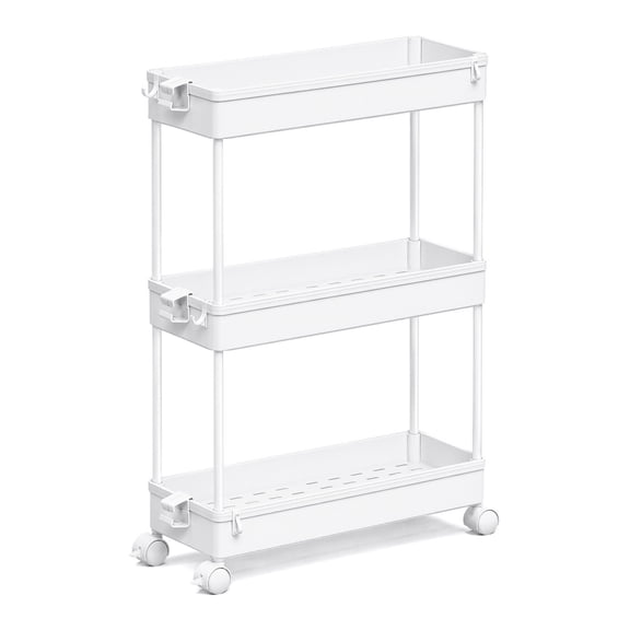 Slim Storage Cart 3 Tier Bathroom Organizer Rolling Utility Mobile Shelving Unit Slide Out for Office Kitchen Laundry Room and Narrow Places White