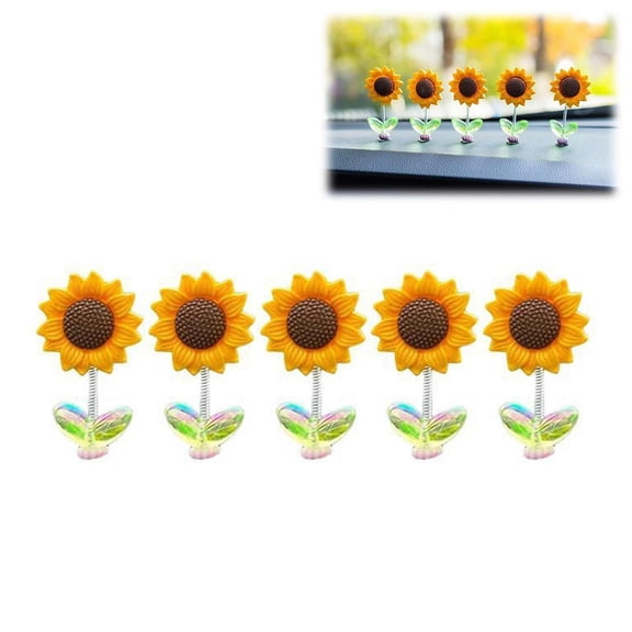 Car Dashboard Decor Dancing Flower, Cute Miniature Sunflower Ornament with Spring Motion for Vehicle Windshield Desk Shelf, Adhesive Base Shaking Toy, 1.97 x 0.98 inches, Set of 5