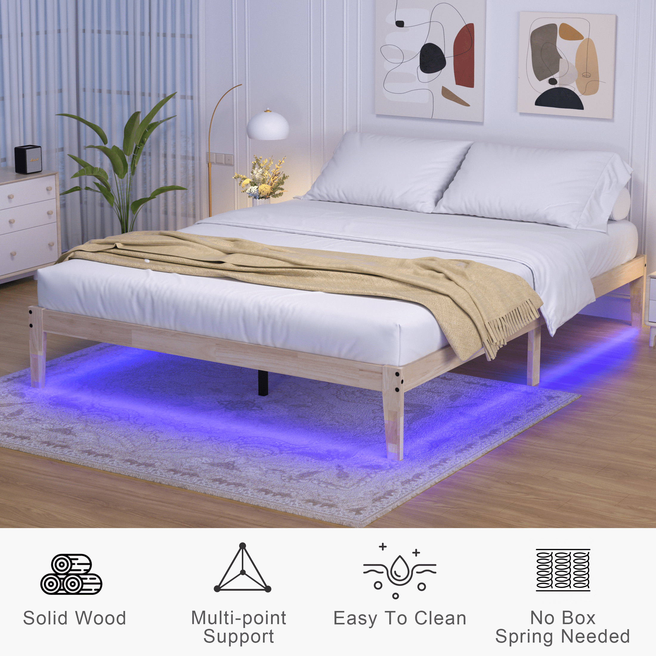 Queen Wood Bed Frame, Wood Platform Bed Frames with LED Lights, 8.7" Under-Bed Storage, Noise-Free, Easy Assembly, 12"