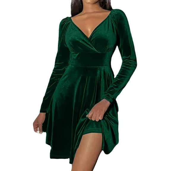 Womens Christmas Dress V-Neck Long Sleeve Dresses Womens Green Dresses A-line Dress Holiday Party Dress Fall Women's Dresses