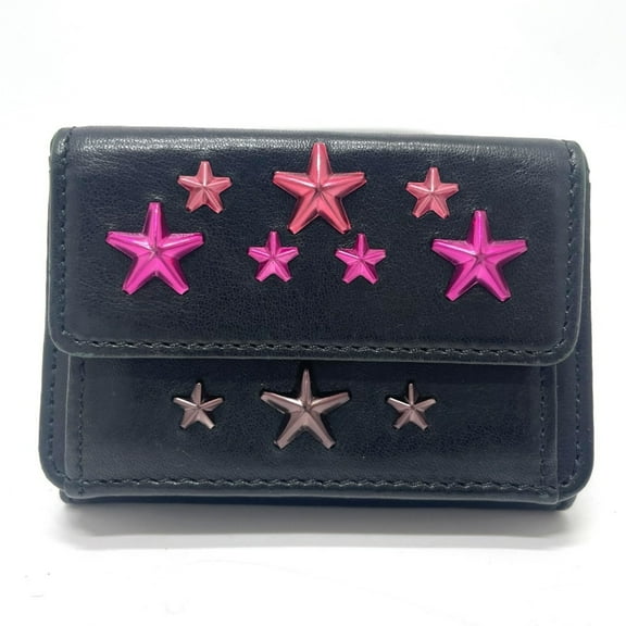 Pre-Owned JIMMY CHOO Star Stud Wallet, Compact Mini Tri-fold Leather Women's, Black (Good)