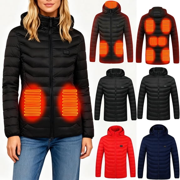 Cadancy Heater Jackets for Men Women Plus Size 9 Heating Zones Thermal 2 Temperature Modes Winter Coats Zip Up Washable Detachable Hooded Quilted Jacket with Zipper Pockets