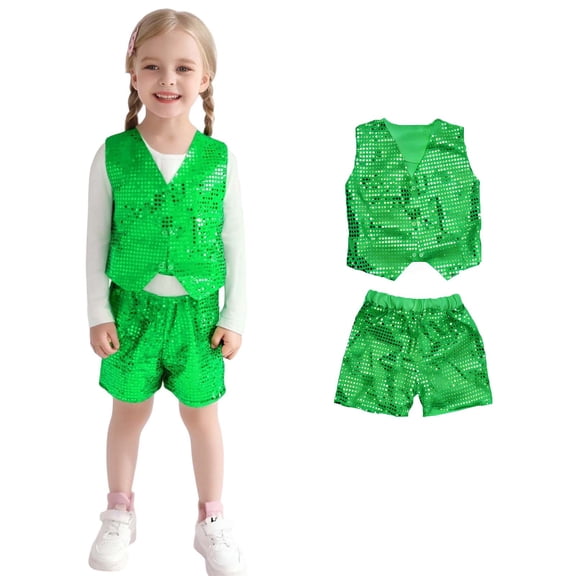 Dance for Girls Sequin Green Dance Sleeveless Button Vest and Pants Outfit Set Jazz Stage Performance Outerwear 6-7 Years