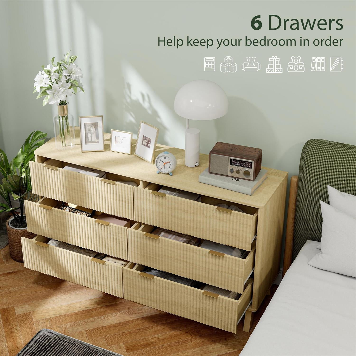 Demi Bonn 6 Drawer Dresser for Bedrooms with Wood Legs and Gold Pulls, Storage Fluted Chest, Beige