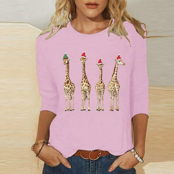 Mifsaly Womens Christmas 3/4 Sleeve Shirts Plus Size Xmas Loose Tunic T-Shirt Cute Print Thanksgiving Dinner Pullover Tops 2025 Festival Party Blouse