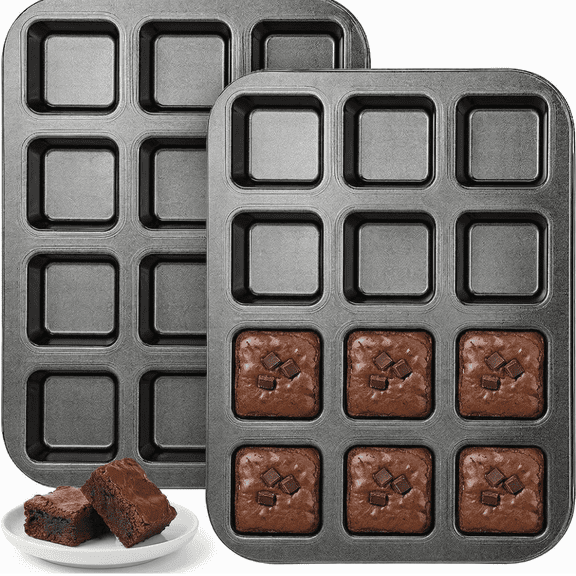 2-Pack Square Brownie Pan Set - 12-Cavity Nonstick Mini Baking Molds for Individual Brownies, Cupcakes & Mini Cakes, Carbon Steel Muffin Tin with Crispy-Edge Results