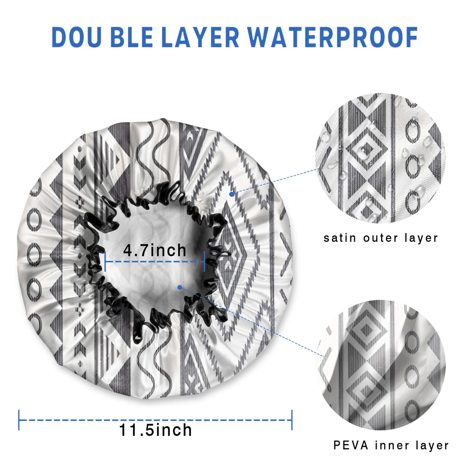 Shower Caps,White Geometric Diamond Wave Pattern Waterproof Shower Cap for Women 4 Pieces,Double Reusable Hair Cover for Shower PEVA Elastic Stretch Hem