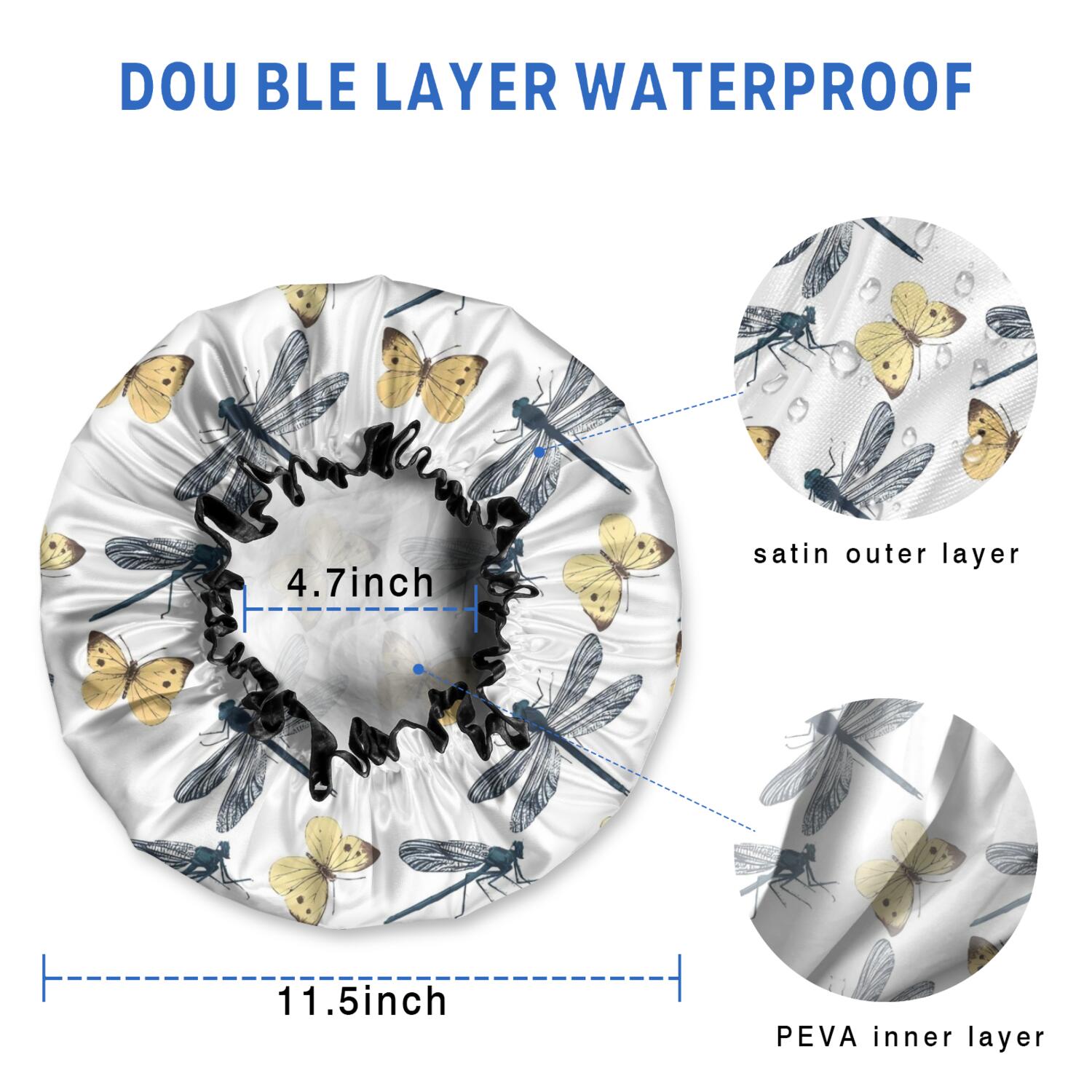 Shower Caps,White Butterfly Dragonfly Pattern Waterproof Shower Cap for Women 4 Pieces,Double Reusable Hair Cover for Shower PEVA Elastic Stretch Hem