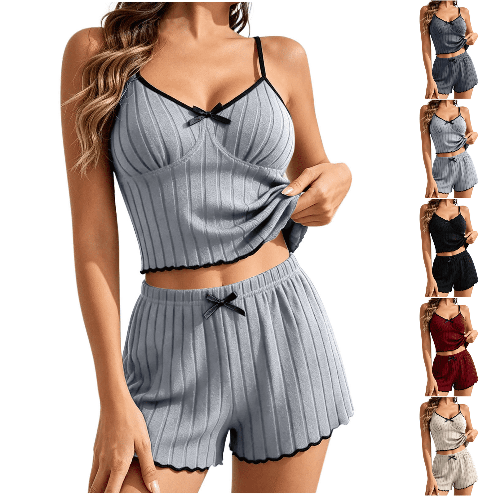 Qingpeng Womens Spaghetti Strap Lounge Set V Neck Crop Top and Shorts with Bow Detail Scalloped Hem Casual Summer Sleepwear