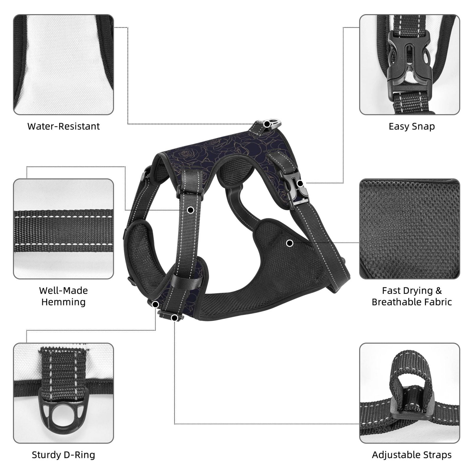 Kdxio Copper-Gold Gloss Outline Rose1 Print No Pull Dog Harness Adjustable Reflective Oxford Easy Control Medium Large Dog Harness for Training and Everyday-X-Large