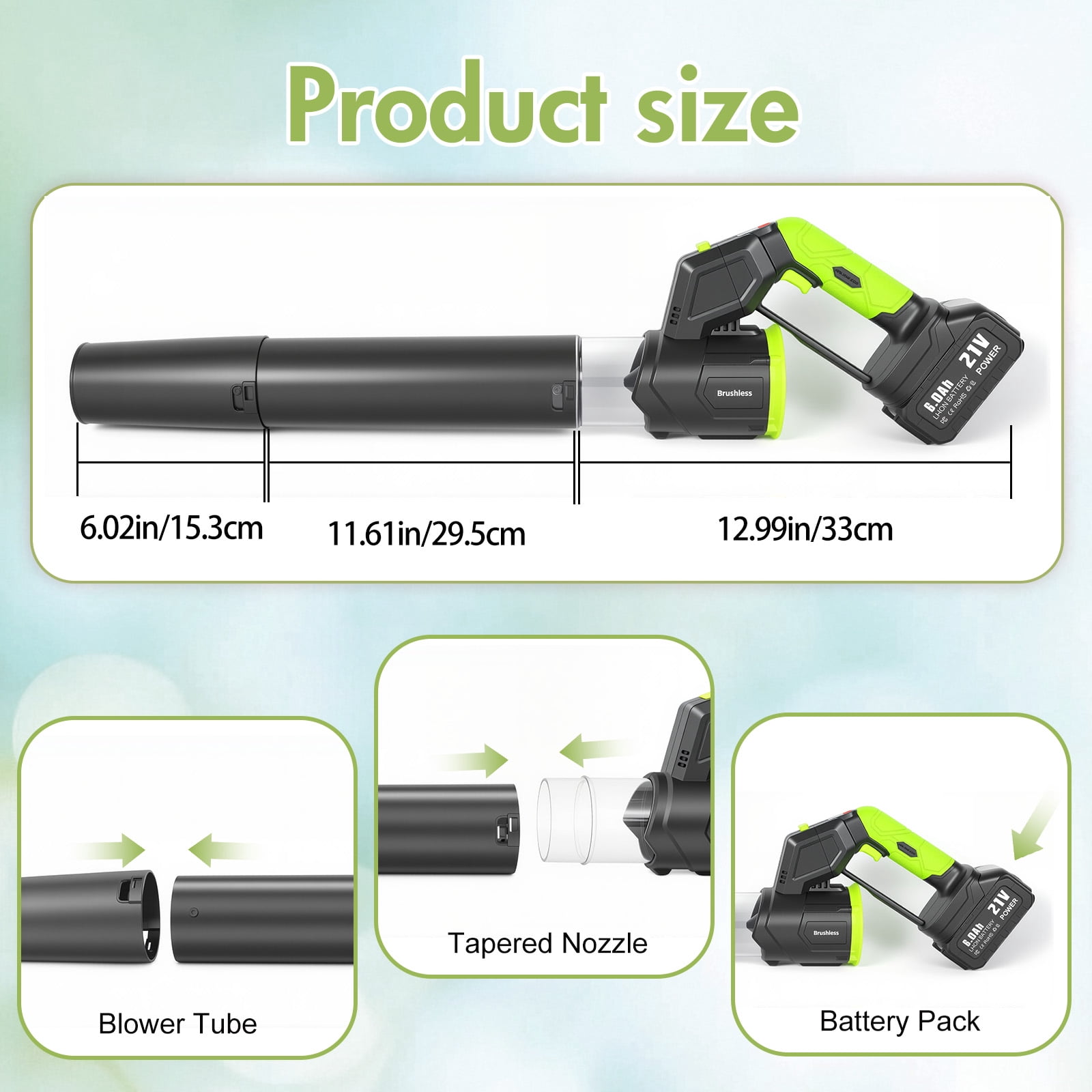 BAOKALER Cordless  Leaf Blower, 21V Leaf Blower with 2 X 6.0Ah Batteries & Charger, Up to 600CFM/130MPH, 3 Variable Speed, 180° Adjustable Tube LED Display for Blowing Leaves, Patio Cleaning