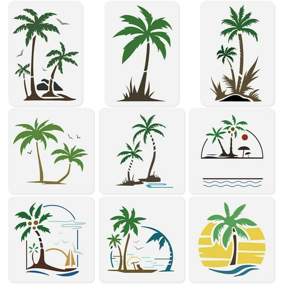 9Pcs Palm Tree Wall Stencil Template Plastic Reusable Beach Stencils