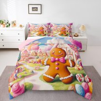 jejeloiu Kawaii Gingerbread Man Queen Comforter Set,Cartoon Gingerbread House Bedding Sets,Colorful Dessert Rainbow Bedding Comforter Set For Girl Boy,Super Cozy Room Decor Reversible,3 Pieces