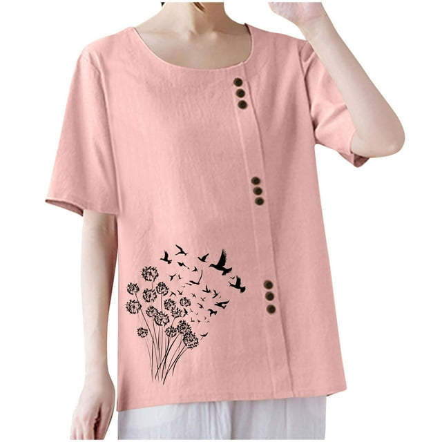 T-shirts en Lin à Col Rond Oversize pour Femmes, Manches Courtes, T-Shirts en Coton, Imprimé Floral, à Boutons, Blouses Tendance