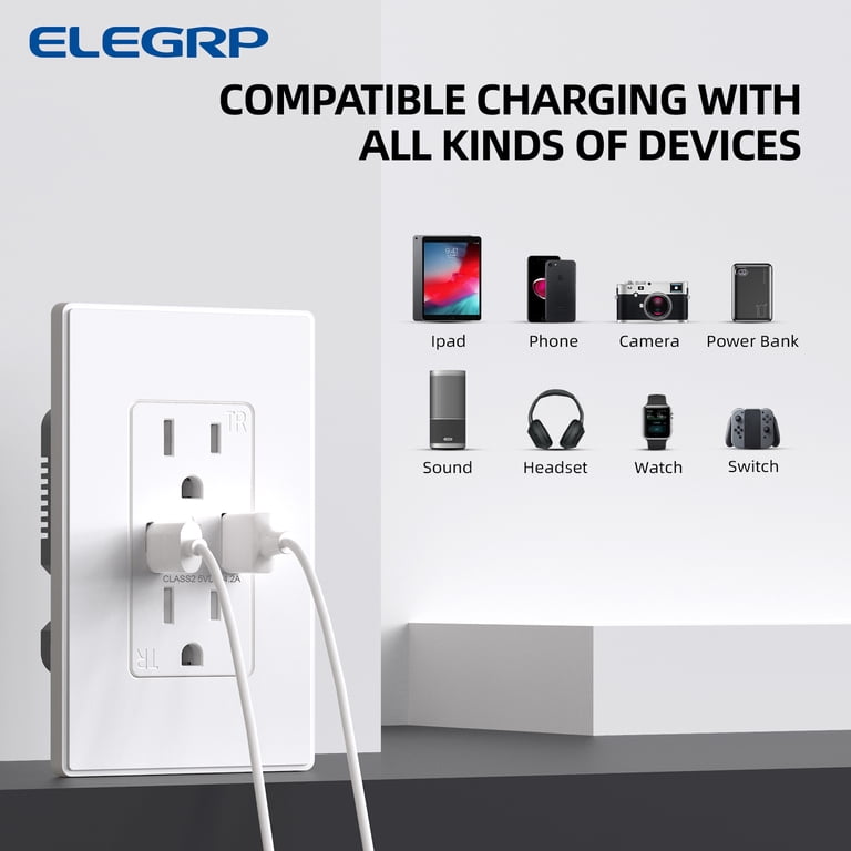 6.0A USB Wall Outlet, 15Amp Duplex Tamper-Resistant Receptacle Charge Type A C Ports Screwless Plate Included Need Neutral Wire Ul Fcc Listed Black 2p