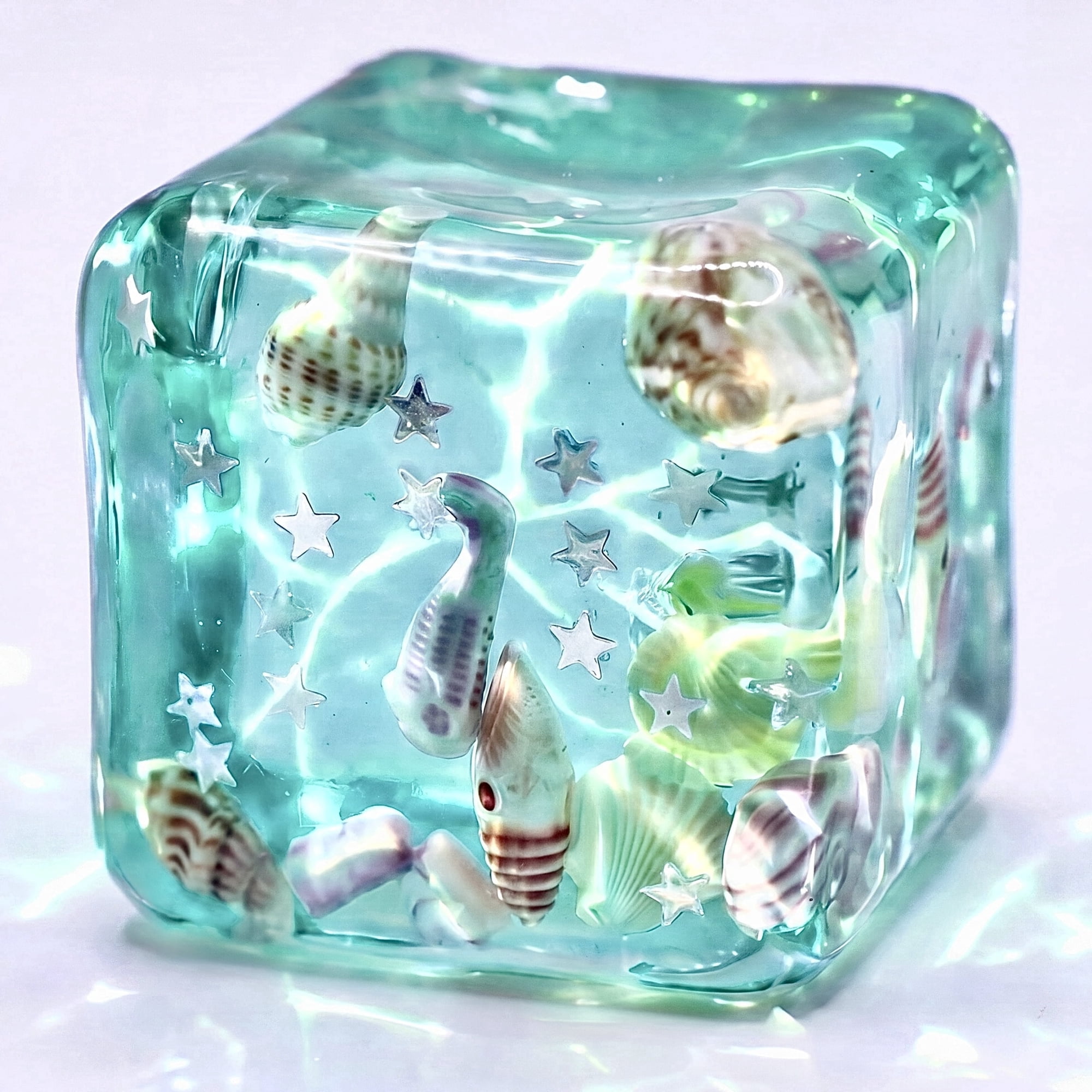 Ocean Cube Squishy Stress Ball with Seashells Inside for Your Best Calm, Focus and Relaxation, Beach-Themed Slow Rise Sensory Fidget Toy for Anxiety Relief, Classroom Prizes, Kids Adults