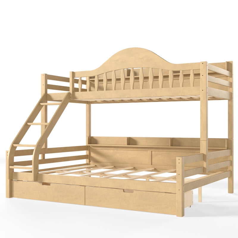 Twin XL Over Queen Bunk Bed with Storage Drawers, Solid Wood Bunk Bed Frame with Curved Guardrails, Side Storage Shelves and Ladder, No Box Spring Needed