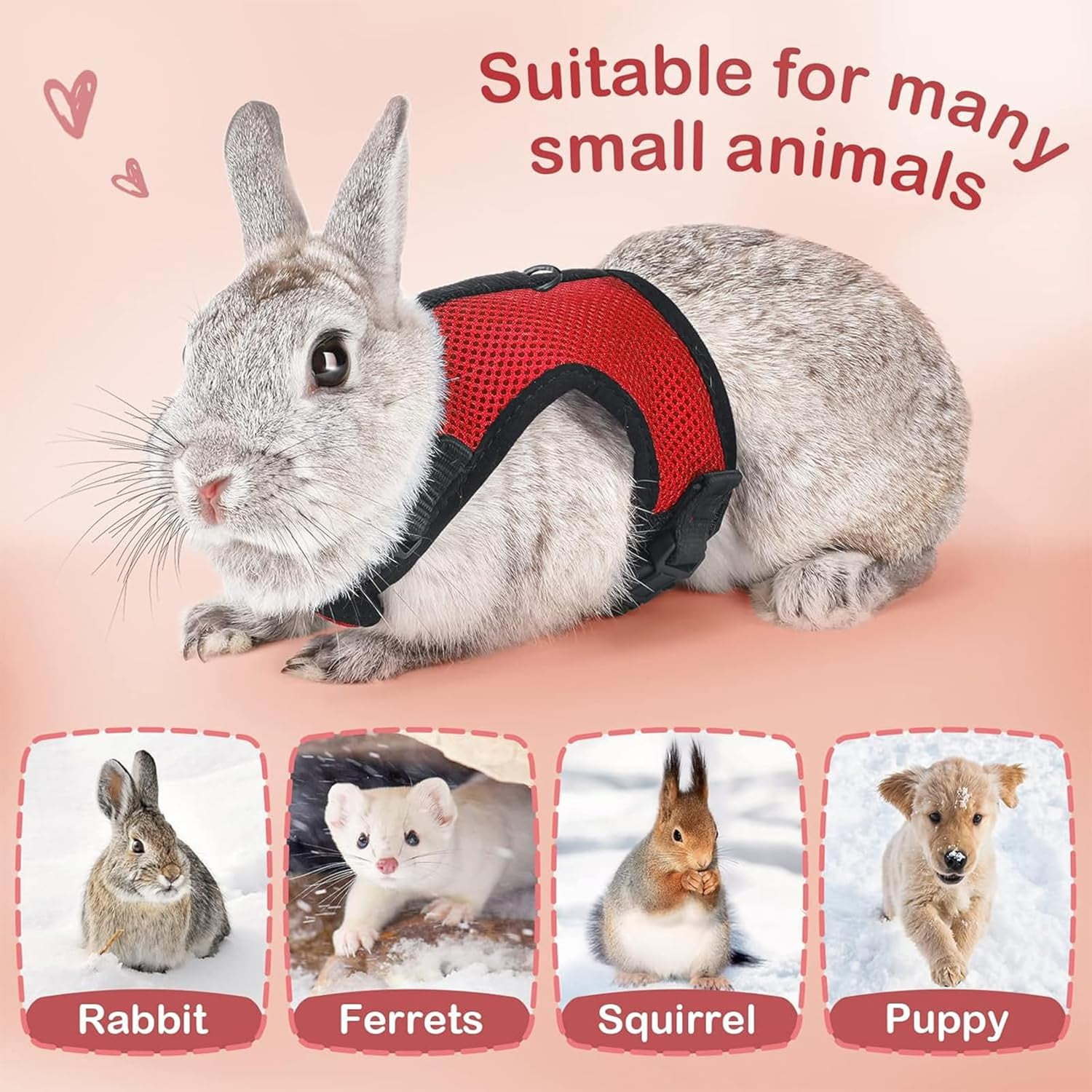 Rabbits Harness, With Elastic Lead, Adjustable Rabbit Harness And Lead Set, Mesh Vest for Hamsters Small Cats Guinea Pig Walking(L, Red)