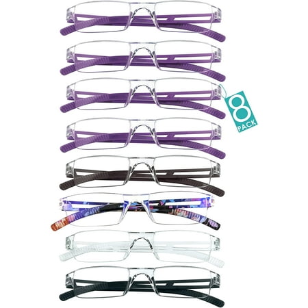 8 Pairs Reading Glasses, Blue Light Blocking Glasses, Computer Reading Glasses for Women and Men, Fashion Square Eyewear Frame (4color+4purple,+3.00 Magnification)