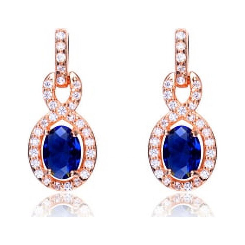 Prong Set Earrings with Simulated Oval Cut Sapphire Diamond surrounded by Round Brilliant Melee by Diamond Essence set in Rose Plated Sterling Silver