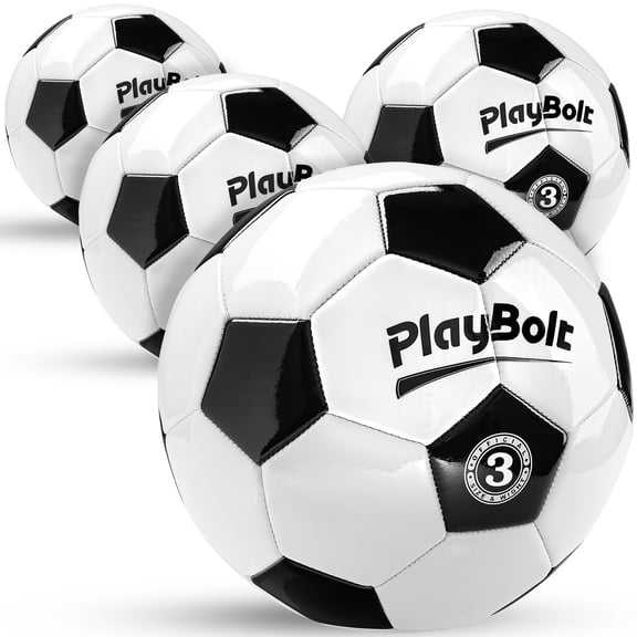 PlayBolt Youth Soccer Ball Size 3 – 4 Pack PVC Soccer Ball with Hand Pump for Kids & Beginners – Indoor & Outdoor Practice & Play