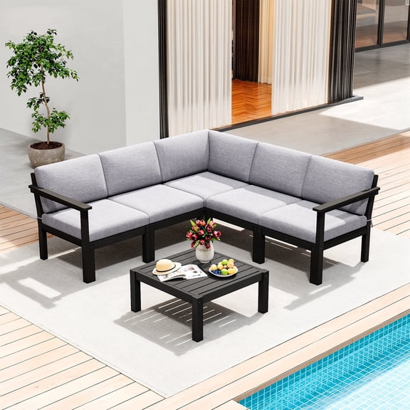 Stoog Patio Furniture Set, 6 Pcs Modular Outdoor Sofa Sets with Cushions, Outdoor Sectional Patio Conversation Set with Coffee Table for Backyard, Poolside, Black