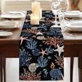 thumbnail image 3 of Black Blue Coastal Table Runner, Summer Beach Coral Shell Starfish Seahorse Washable Cotton Linen Table Runners 60 Inches Long, Dresser Scarf Runner for Coffee/TV Stands/Kitchen/Cabinets 13''x60'', 3 of 9