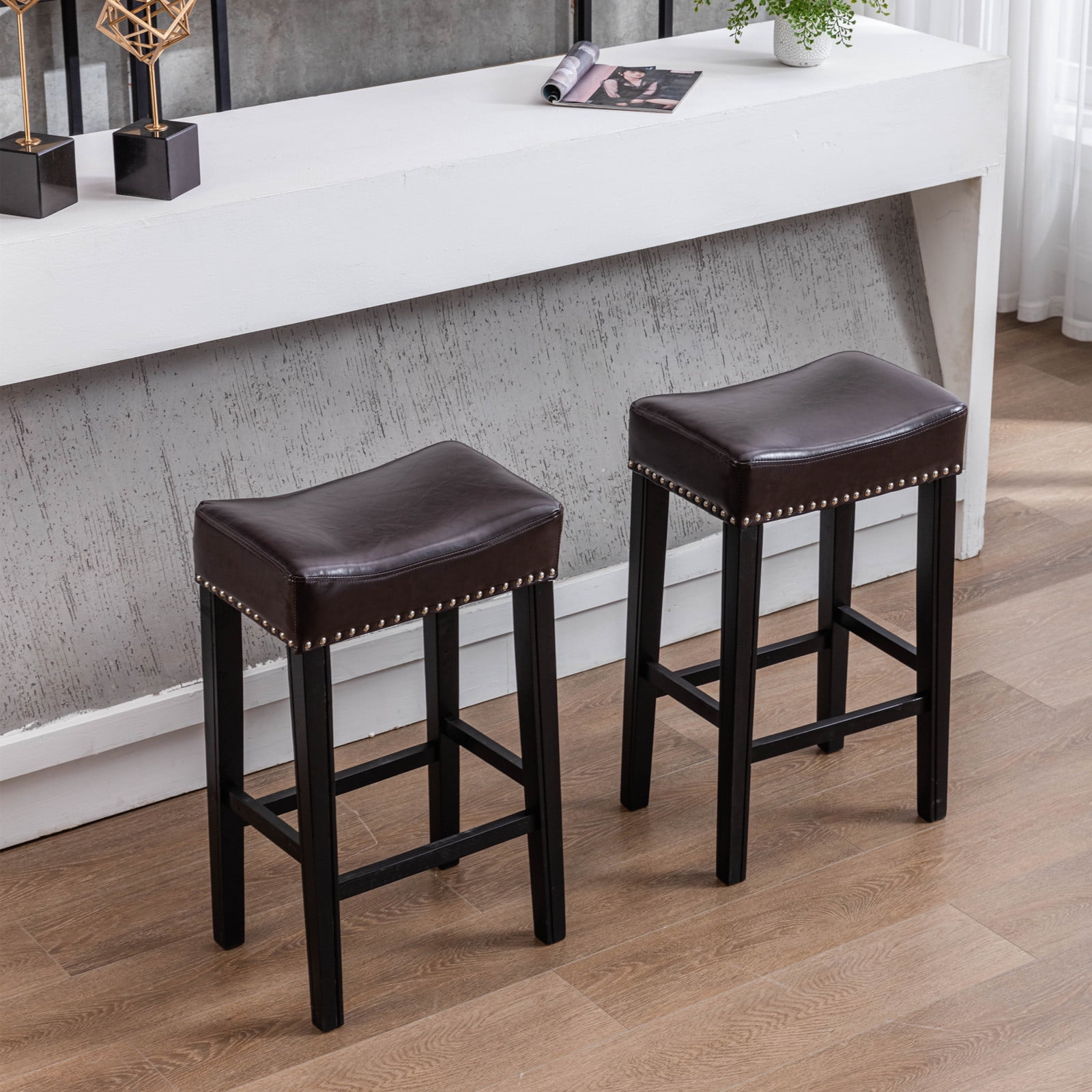 Set of 2 Counter Height Bar Stools, 29 inch Backless PU Leather Kitchen