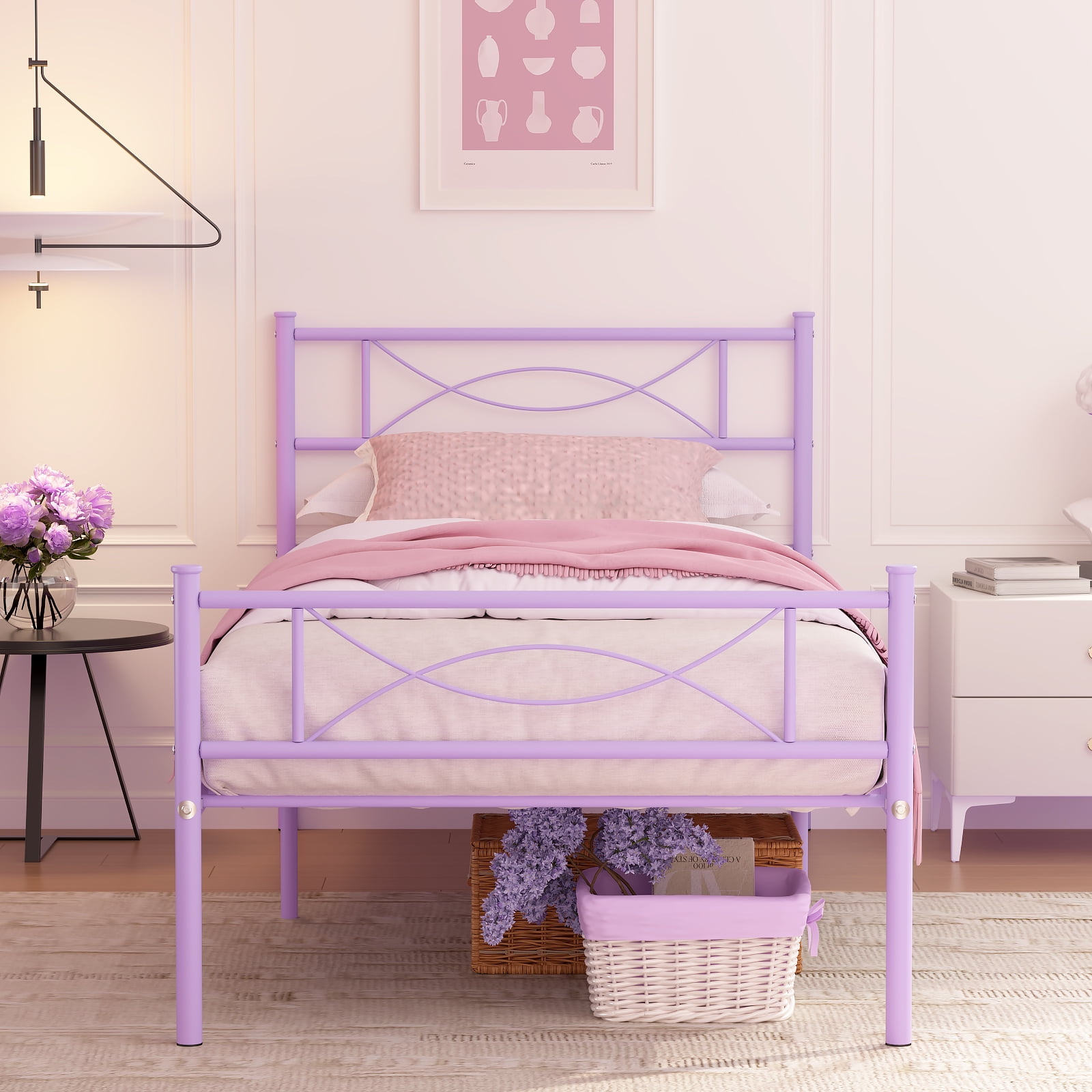 Yoneston Kids Twin Size Metal Platform Bed Frame Single Bed with Bowknot Headboards for Girls Bedroom Furniture - Light Purple