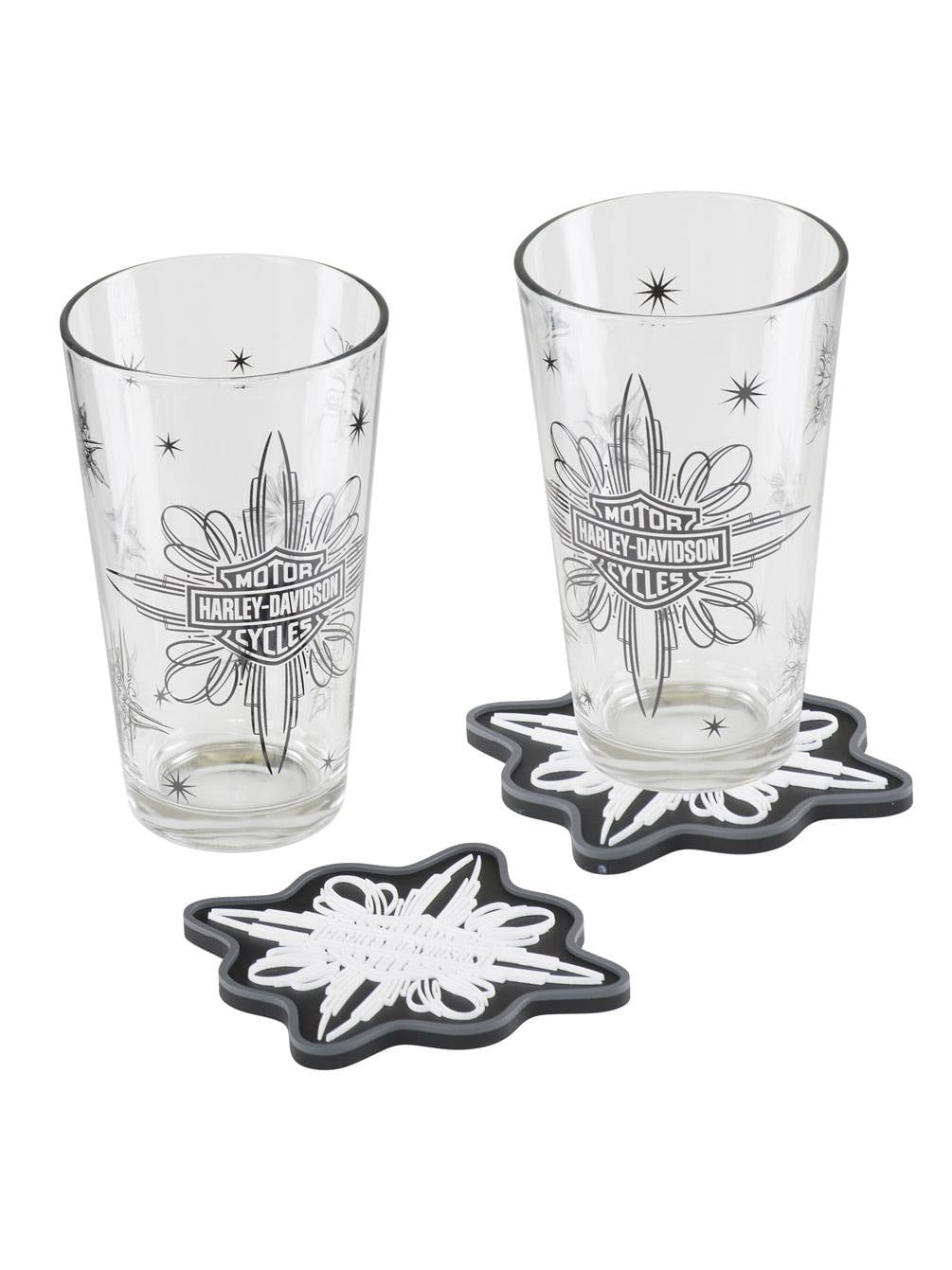 HarleyDavidson Celebrate Pint Glass Set, Two Glasses w/ Coasters HDL