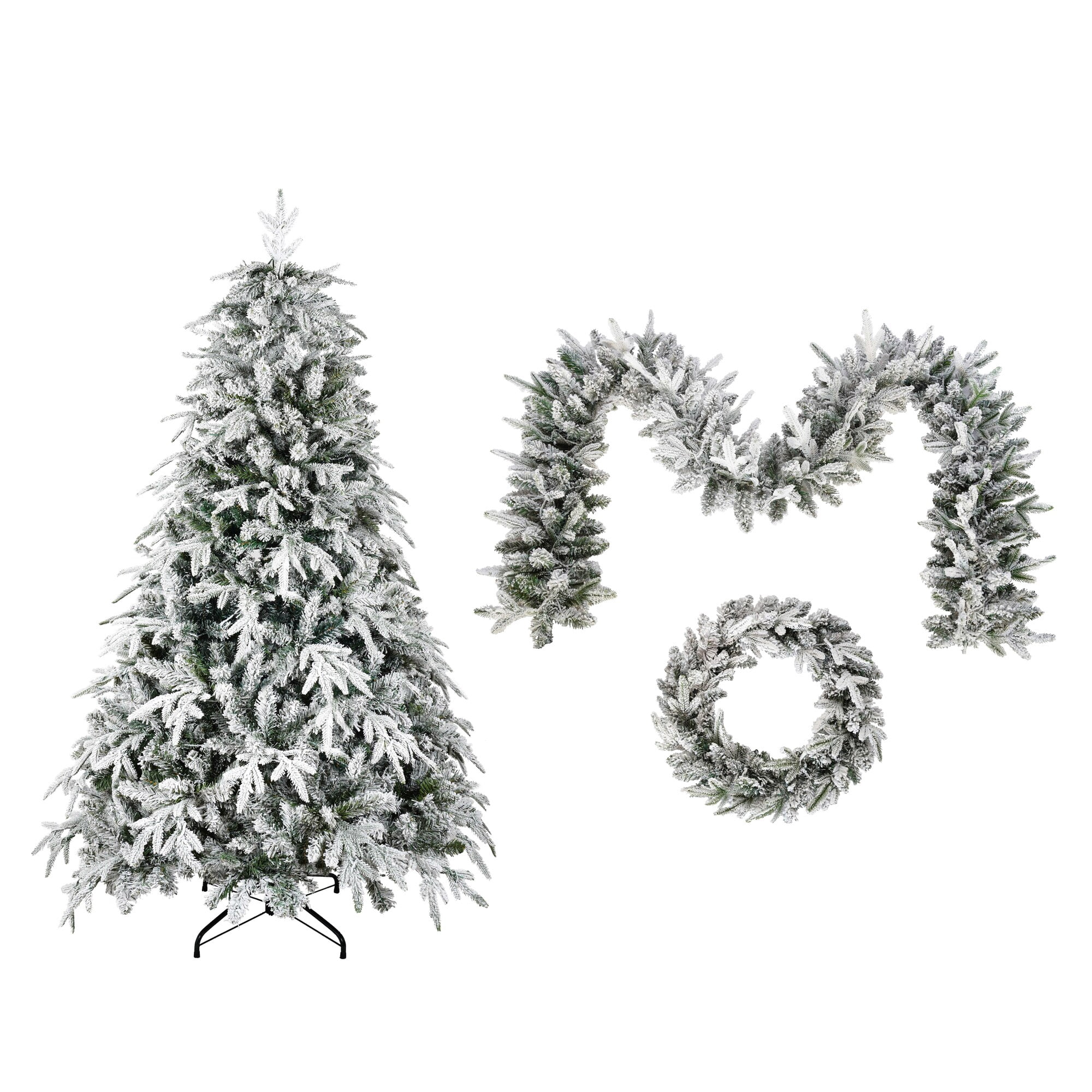 Euroco Christmas Snow Flocked Wreath with Xmas Snow Garland and Snow Xmas Tree, 3 Pac Snowy Flocked Christmas Decor with Warm LED Lights, 9ft Flocked Garland, Flocked Wreath, 6ft Flocked Tree