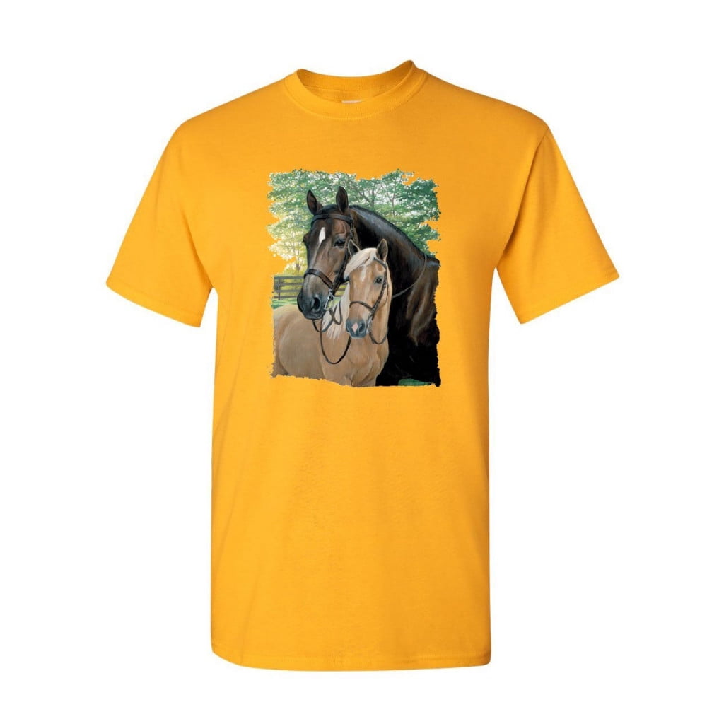 Yellow Riding Shirt Tee Hunt Pair of Horses T-Shirt Mustangs Horseback Riding Pony Stallion ...