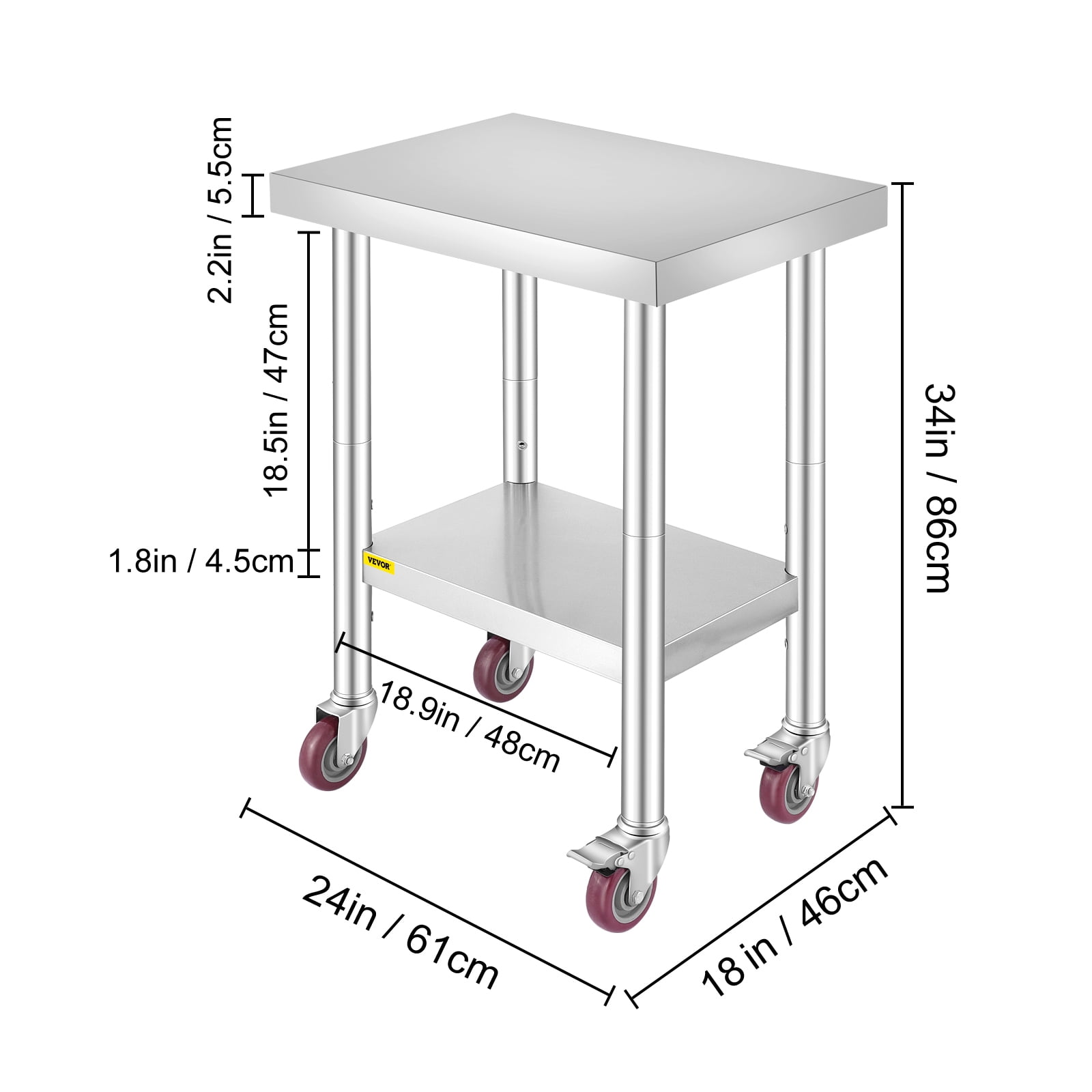 VEVORbrand 24 x 18 x 34 Inches Stainless Steel Work Table 3-Stage Adjustable Shelf with 4 Wheels Heavy Duty Commercial Food Prep Worktable with Brake for Kitchen Prep Work