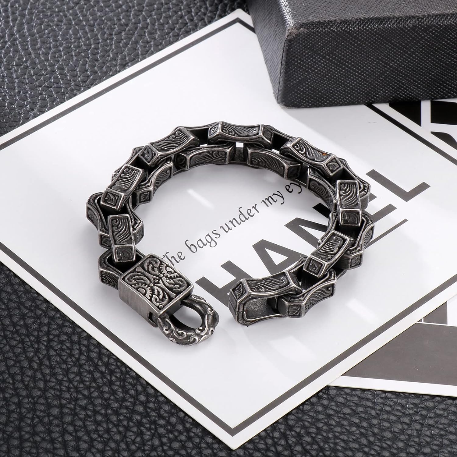 Cuban Link Bracelet for Men Stainless Steel Wave Engraved Chain Men's Bracelet Vintage Silver Bracelet for Men Unique Jewelry Gifts for Him