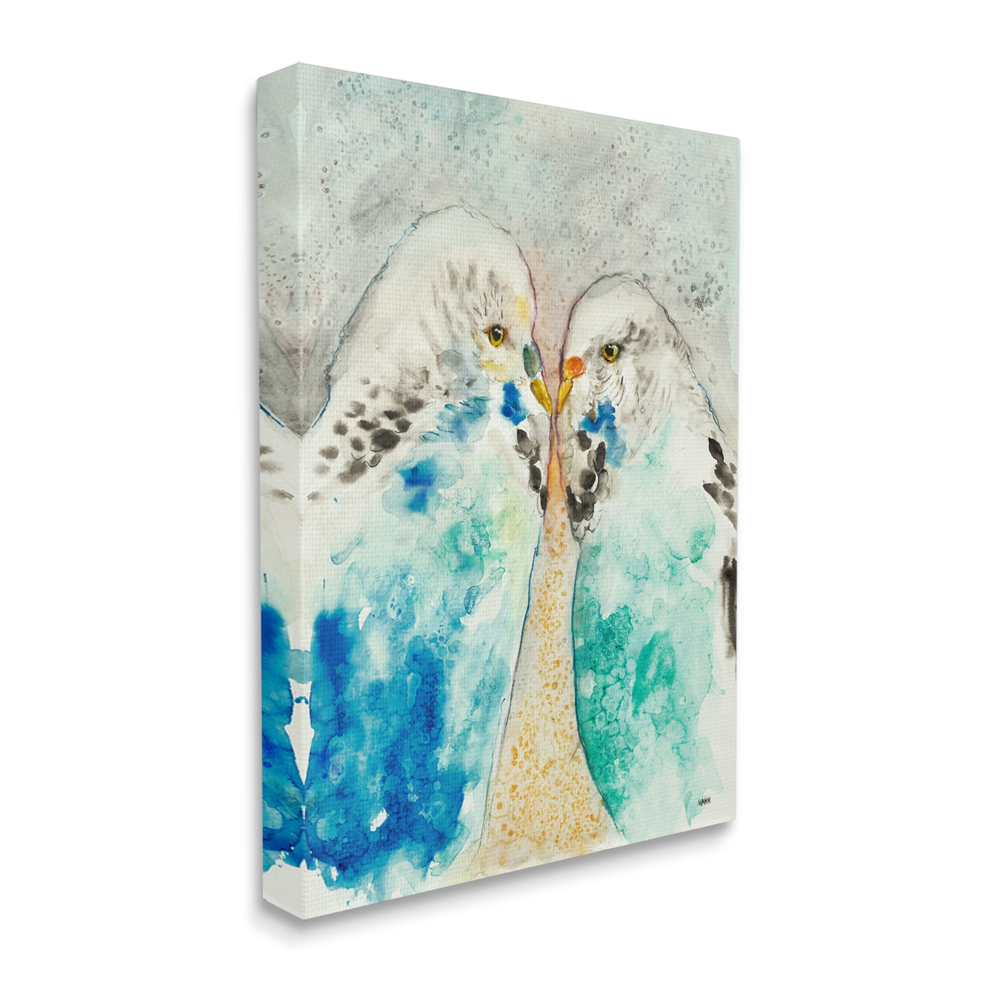 Stupell Industries Pair Blue Parakeets Birds Dotted Watercolor Detail Painting Gallery Wrapped Canvas Print Wall Art, Design by Patti Mann