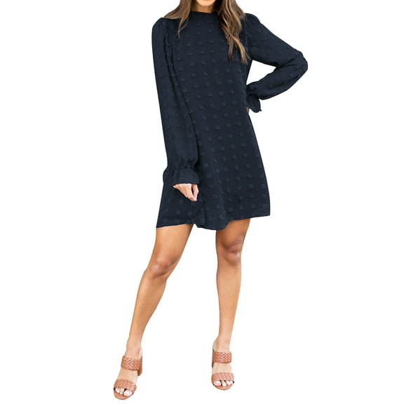 SWQZVT Long Sleeve dress for Women Wedding Guest Semi Formal Dresses for Ladies Boho Chiffon Dress Polka Dot Cocktail Navy Blue Pom Pom Dress