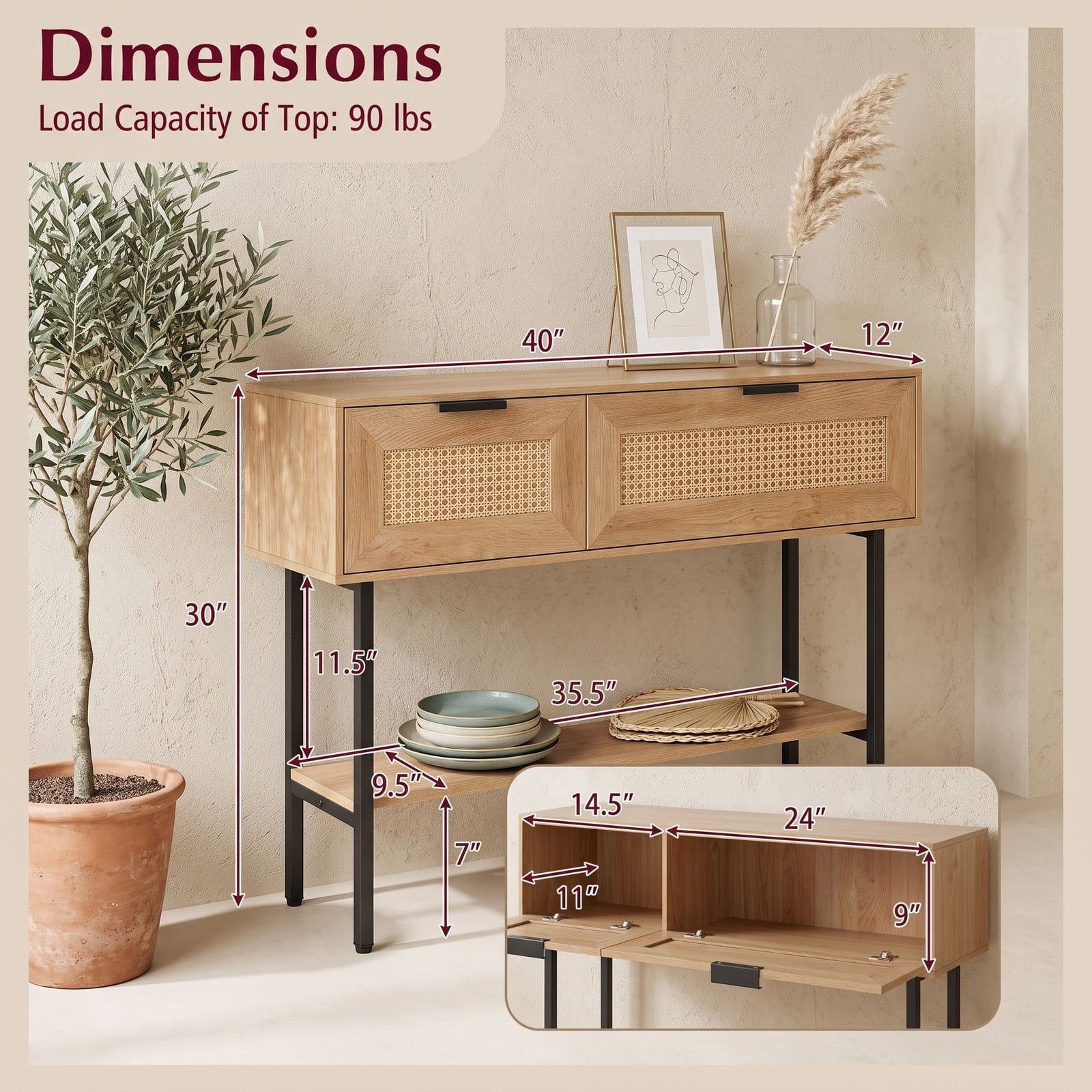 Furnibear Rattan Console Table with 2 Storage Drawers and Open Shelf and Carbon Steel Frame for Entryway and Hallway, Natural