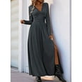 thumbnail image 4 of Women Deep V Neck Long Sleeve Slit 2025 Fall Elegant Formal Wedding Evening Date Prom Maxi Long Dress Dark Gray L, 4 of 7