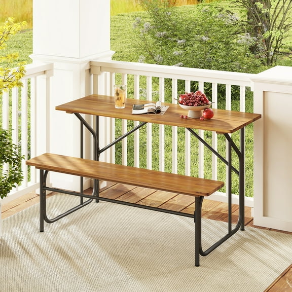 Gymax Patio Table Bench Set for 2 Picnic Table & Loveseat w/Acacia Wood Top Metal Legs