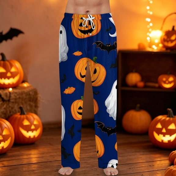 Halloween Pajama Pants for Men Witch Hat Bat Wide Leg Horror Pajama Pants Pumpkin Skeleton Drawstring Funny Sleep Pants, S