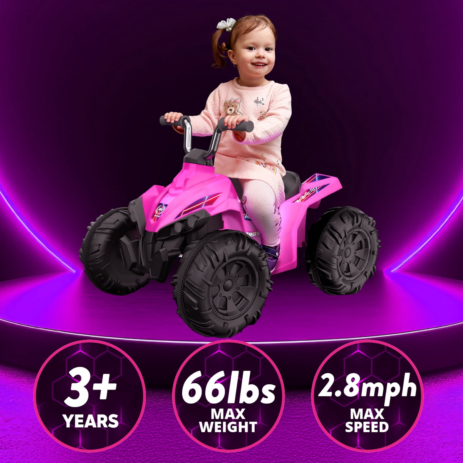 Kid Trax 12V Glow ATV Ride-On Toy, Pink, with LED Lights, Rechargeable Battery, Ages 3–6